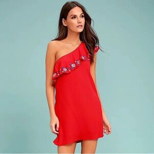 Lulu’s Alphina Embroidered One Shoulder Ruffle Mini Dress